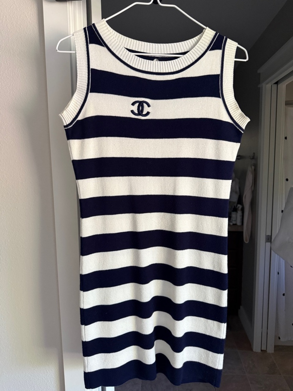 CHANEL Navy & Cream Striped Sleeveless Knit Bow-Back Mini Dress XS/S 0 2